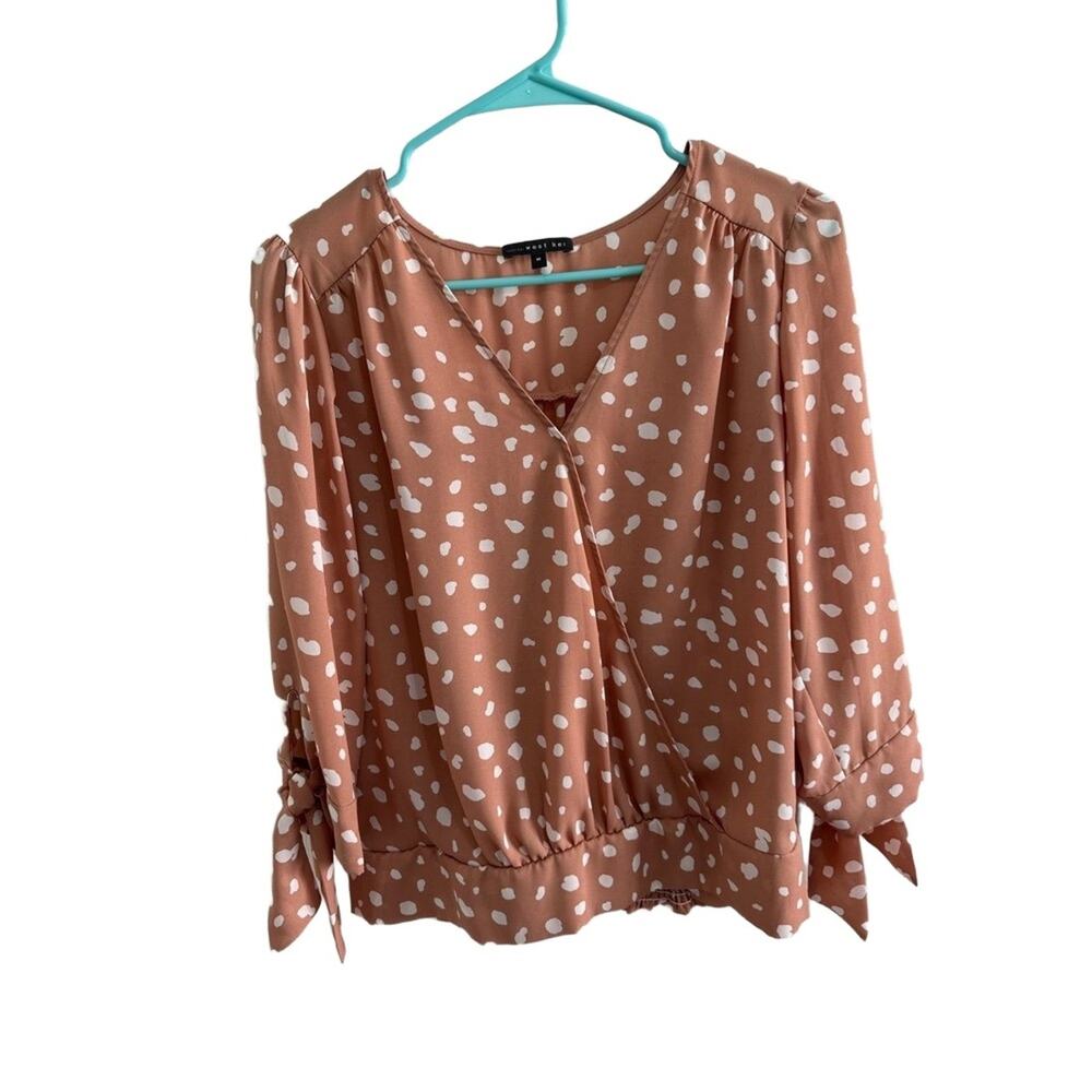 West Kei Blouse Womans Medium Tan Polka Dot Surplice Tie-Sleeve Blouse Office - Picture 2 of 10